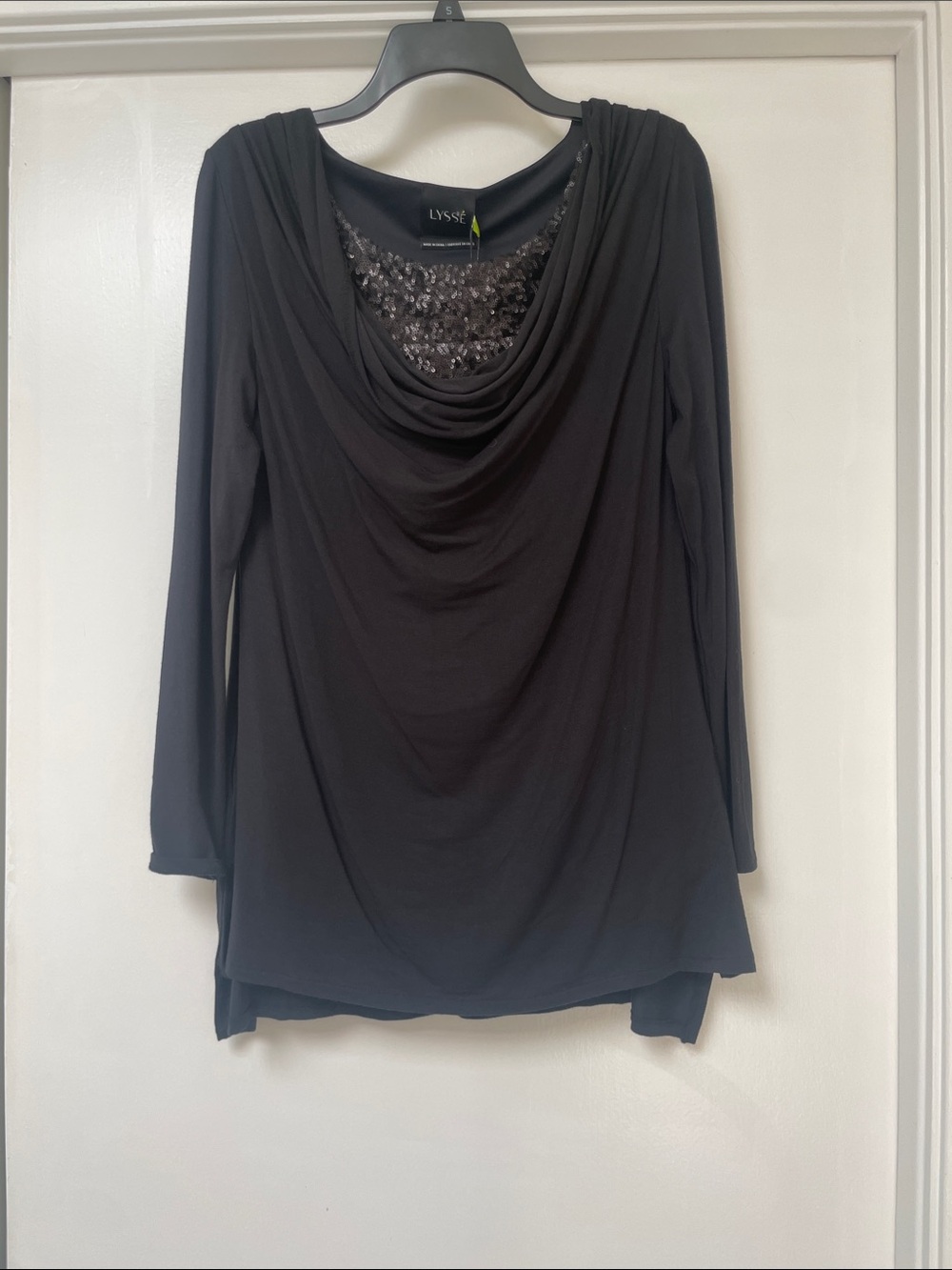 Lysse Black Long-Sleeve Cowl Neck Top with Sequin Yoke